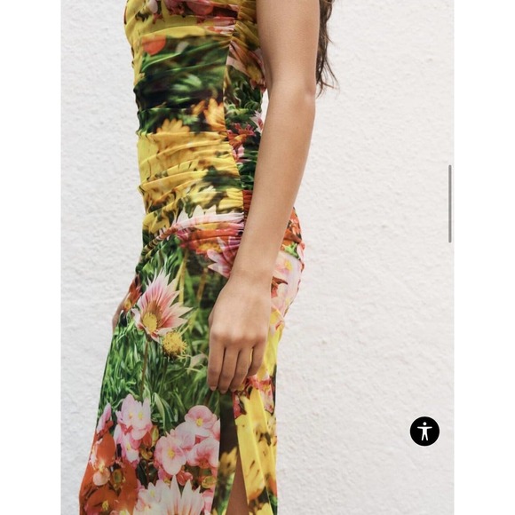 ZARA WOMENS LONG DRAPED FLORAL PRINTED TULLE DRESS SLIT sz M (B26) - Picture 4 of 16
